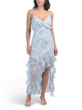 THIRTY THIRTY Floral Printed Satin Ruffle Hi-lo Maxi Dress